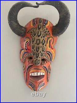 Large Belizean Mask 18 x 12 Carved out of Wood + Goat Horns Mayan Mask