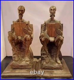 Large Hand Carved 1930s Don Quuxote Wood Sculpture Bookends