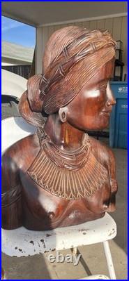 Large Hand Carved Solid Wood Bust Sculpture of Indigenous female From Bali 40LBS
