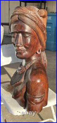 Large Hand Carved Solid Wood Bust Sculpture of Indigenous female From Bali 40LBS
