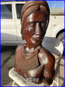 Large Hand Carved Solid Wood Bust Sculpture of Indigenous female From Bali 40LBS
