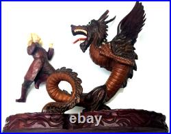 Large Hand-Carved Wooden Dragon with Warrior Figure 14 Tall