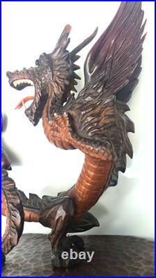 Large Hand-Carved Wooden Dragon with Warrior Figure 14 Tall