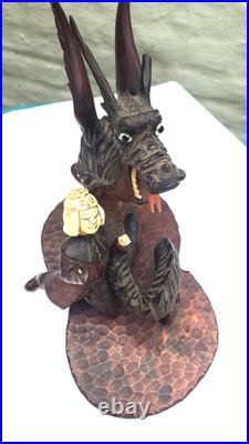Large Hand-Carved Wooden Dragon with Warrior Figure 14 Tall