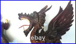 Large Hand-Carved Wooden Dragon with Warrior Figure 14 Tall