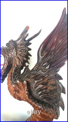 Large Hand-Carved Wooden Dragon with Warrior Figure 14 Tall