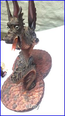 Large Hand-Carved Wooden Dragon with Warrior Figure 14 Tall