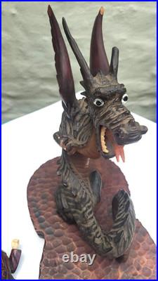 Large Hand-Carved Wooden Dragon with Warrior Figure 14 Tall