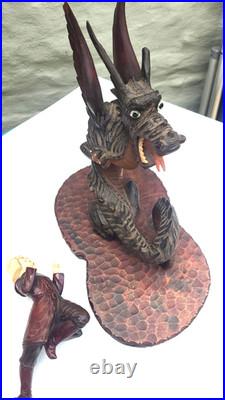 Large Hand-Carved Wooden Dragon with Warrior Figure 14 Tall