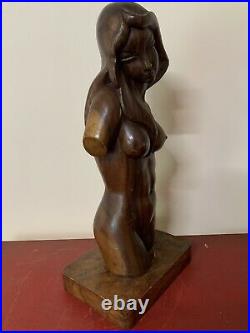 Large Mid century Modern Carved Wood Sculpture Of Nude Woman Girl Mint Condition