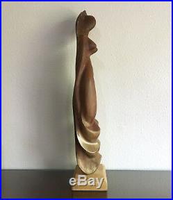 Large Modernist Carved Wood Female Nude Sculpture, Artist Signed 1960s 26 MCM