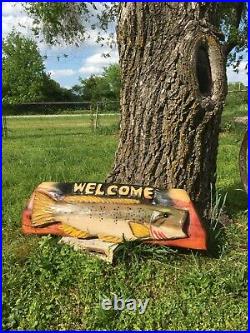 Large Mouth Bass Chainsaw Carved Welcome Fish Sign Sculpture Statue Art Decor