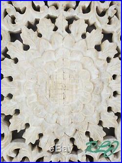 Large Ornate Teak Wood Bohemian Carved Floral Medallion Wall Panel Plaque Decor