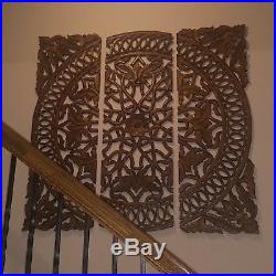 Large Rustic Asian Headboard Scrollwork Square Wood Carved Wall Plaque Decor 3PC