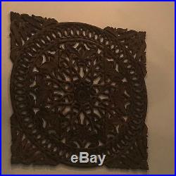 Large Rustic Asian Headboard Scrollwork Square Wood Carved Wall Plaque Decor 3PC