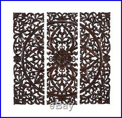 Large Rustic Tuscan Scroll Square Dark Wood Carved Set/3 Wall Panel Plaque Decor