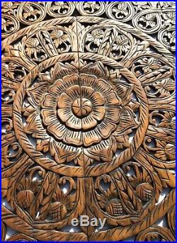 Large Square Wood Carved Floral Wall Art Panel. Tropical Home Decor Wood Wall. 48