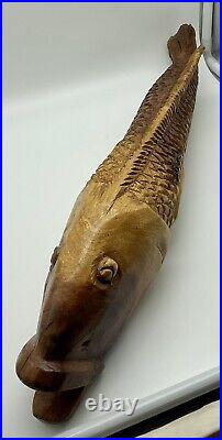 Large Vintage Signed VAN Hand Carved Wood Fish Sculpture