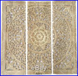 Large Wood Carved Floral Wall Art Panels. Asian Wood Wall Decor. White Wash, 36