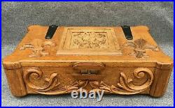 Large antique french folk art box trunk wood 1960-70's carving woodwork signed