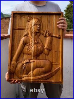 League of Legends Kitty Cat Katarina Teak Wood Carving Wall Art Sculpture
