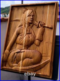 League of Legends Kitty Cat Katarina Teak Wood Carving Wall Art Sculpture