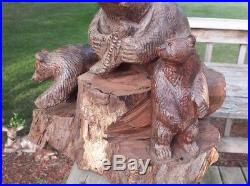 Lg Ironwood -Mama Bear with Cubs & Fish Wood Sculpture Hand-Carved Sonoran Artisan