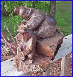 Lg Ironwood -Mama Bear with Cubs & Fish Wood Sculpture Hand-Carved Sonoran Artisan
