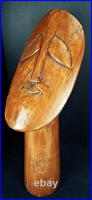 Lg Wooden Bust Modern Meditating Buddha Peace Carved Wood Sculpture Island Totem