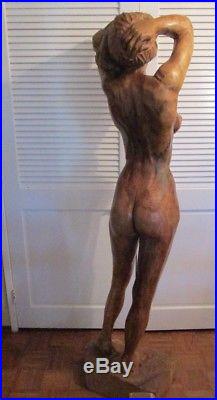 Life Size Signed Large 63 Inch Wood Carving Sculpture Female Model Vintage Pose