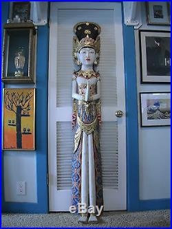 Lifesize Balinese Dewi Sri Huge 5'-10 (178 cm) Wood Carving Colorful 1970's Rare