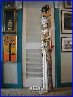 Lifesize Balinese Dewi Sri Huge 5'-10 (178 cm) Wood Carving Colorful 1970's Rare