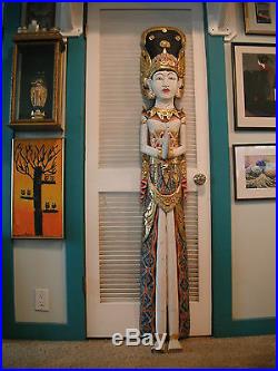 Lifesize Balinese Dewi Sri Huge 5'-10 (178 cm) Wood Carving Colorful 1970's Rare