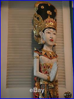 Lifesize Balinese Dewi Sri Huge 5'-10 (178 cm) Wood Carving Colorful 1970's Rare