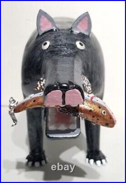 Lonnie & Twyla Money Bear With Rainbow Trout Folk Art Wood Carving Sculpture
