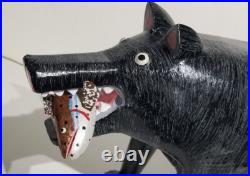 Lonnie & Twyla Money Bear With Rainbow Trout Folk Art Wood Carving Sculpture