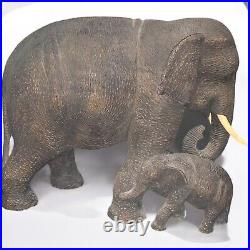 Lot Of (3) Carved Wooden Elephant Family Sculptures