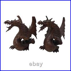 Lot of 2 Hand Carved Suar Wood Sculpture by KT Taram 6 Tall'Winged Dragon