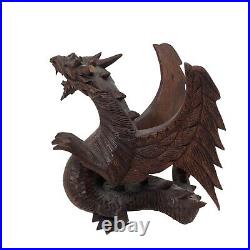 Lot of 2 Hand Carved Suar Wood Sculpture by KT Taram 6 Tall'Winged Dragon