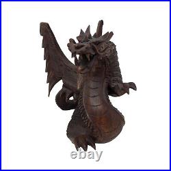 Lot of 2 Hand Carved Suar Wood Sculpture by KT Taram 6 Tall'Winged Dragon