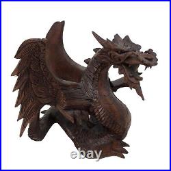 Lot of 2 Hand Carved Suar Wood Sculpture by KT Taram 6 Tall'Winged Dragon