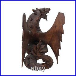 Lot of 2 Hand Carved Suar Wood Sculpture by KT Taram 6 Tall'Winged Dragon