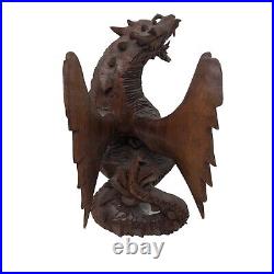 Lot of 2 Hand Carved Suar Wood Sculpture by KT Taram 6 Tall'Winged Dragon