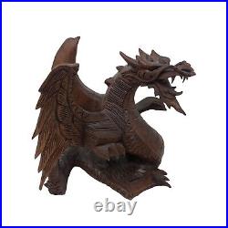 Lot of 2 Hand Carved Suar Wood Sculpture by KT Taram 6 Tall'Winged Dragon