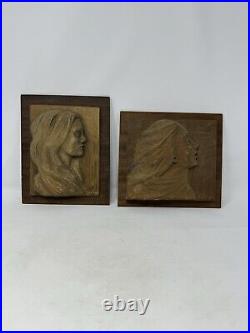 Lot of 2 wood carved female pictures 3d artist signed 1969 VHTF wall Art rare