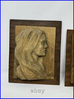 Lot of 2 wood carved female pictures 3d artist signed 1969 VHTF wall Art rare