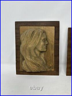 Lot of 2 wood carved female pictures 3d artist signed 1969 VHTF wall Art rare