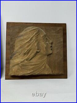 Lot of 2 wood carved female pictures 3d artist signed 1969 VHTF wall Art rare