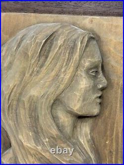 Lot of 2 wood carved female pictures 3d artist signed 1969 VHTF wall Art rare