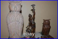 Lot of 3 Statues Hermes with Caduceus and 2 Wood Carved Owls Occult Mercury